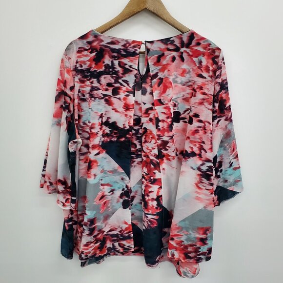 Jennifer Lopez Women 2X Pink Floral Sheer Overlay Blouse V-Neck Asymmetrical Top - Picture 4 of 15